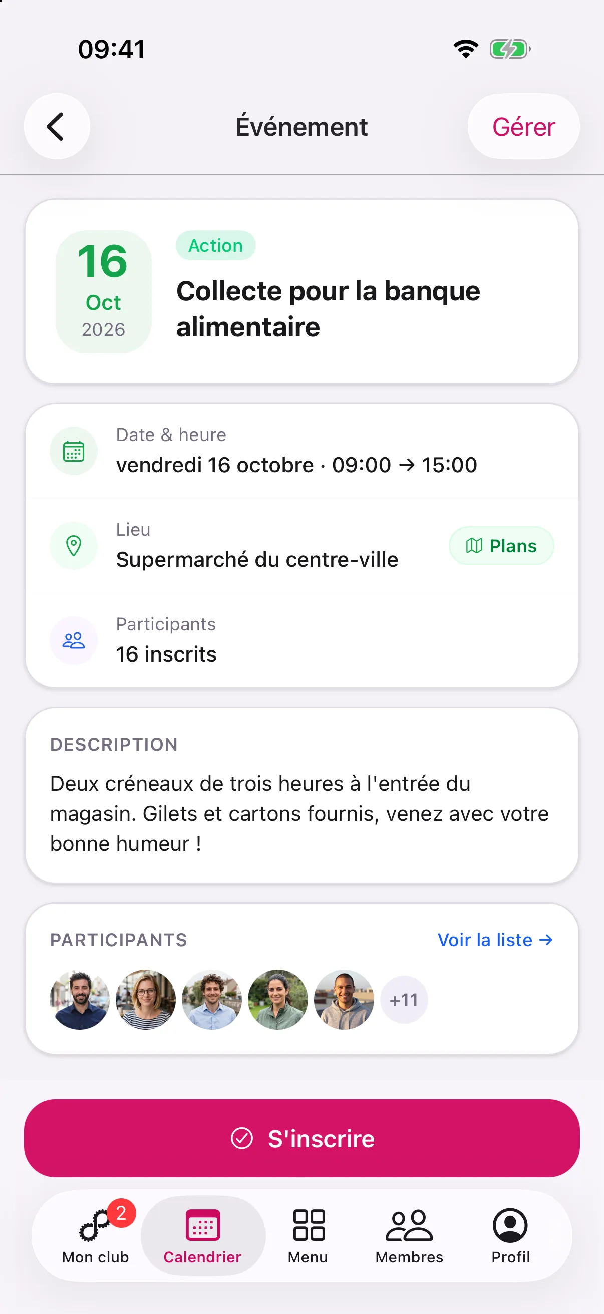 Fiche d'un événement dans Rotalink : date, lieu, participants et bouton d'inscription