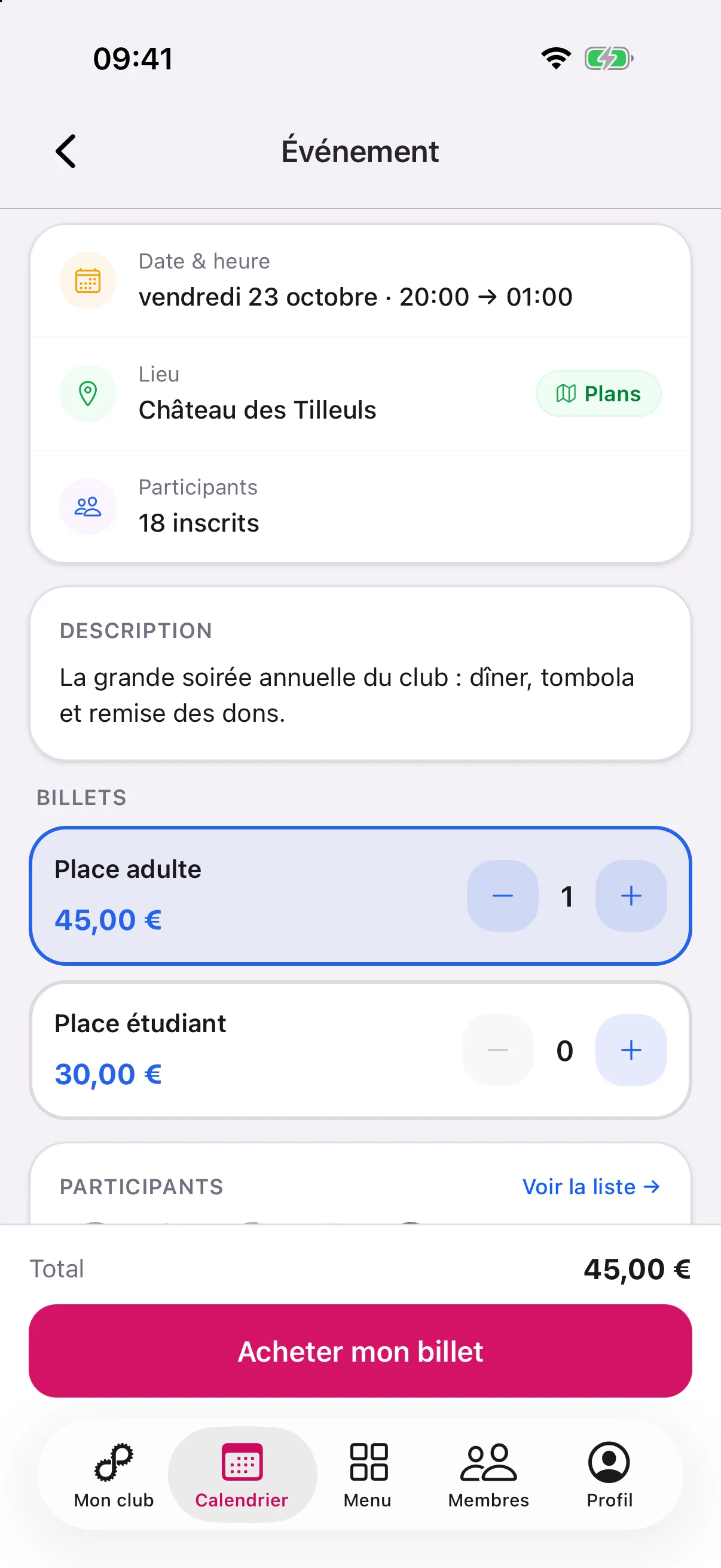 Billets d'un dîner de gala choisis depuis l'événement dans Rotalink, payés en ligne via HelloAsso